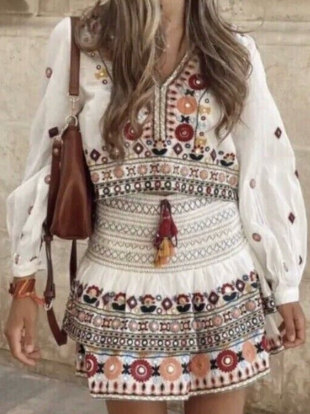 Embroidered White Boho Mini Skirt with Multicolor Floral Accents